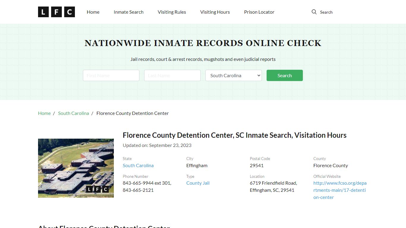 Florence County Detention Center, SC Inmate Search, Visitation Hours